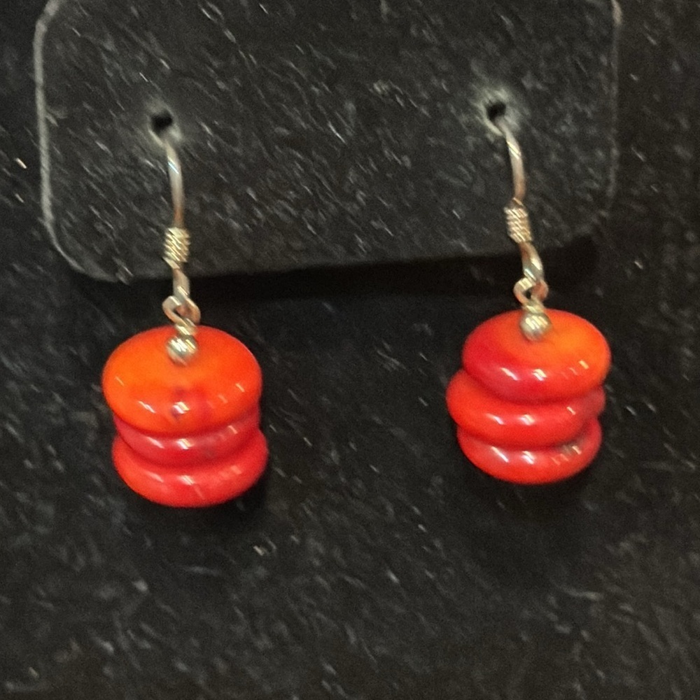 VTG RED Stacked  Coral STONE DANGLE Hook EARRINGS